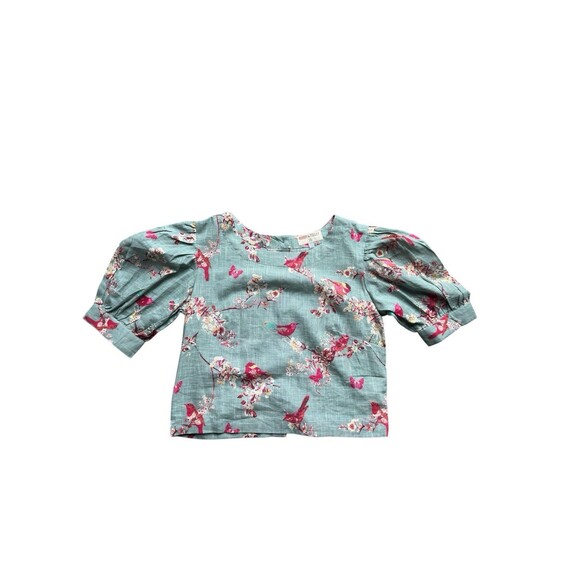 Bombay Paisley XS Linen Crop Top Bird Print Puff Sleeve Blouse Fairy Garden - Picture 5 of 16